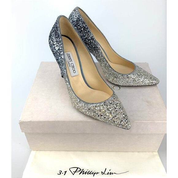 NIB Jimmy Choo Silver and Dusk Blue  Glitter Fabric Pumps Size 39 - Picture 12 of 13